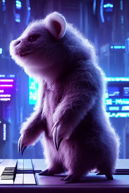 Image similar to high quality 3 d render sci - fi very cute neuromancer fluffy! mutant cow hybrid! playing keyboard, highly detailed, unreal engine cinematic smooth, in the style of blade runner & detective pikachu, hannah yata charlie immer, blue light, low angle, uhd 8 k, sharp focus