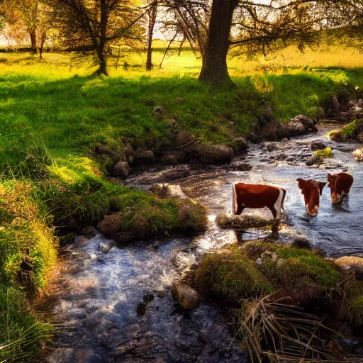 Image similar to landscape photography, warm sun, cozy stream, cows on the meadow, 4k