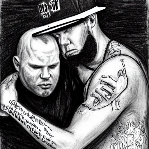 Image similar to drawing of static x singer dwayne static hugging fred durst singer of limp bizkit, drawing, sketch, realism,