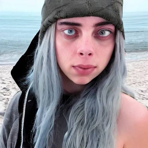 Prompt: billie eilish at the beach 4 k detailed super realistic