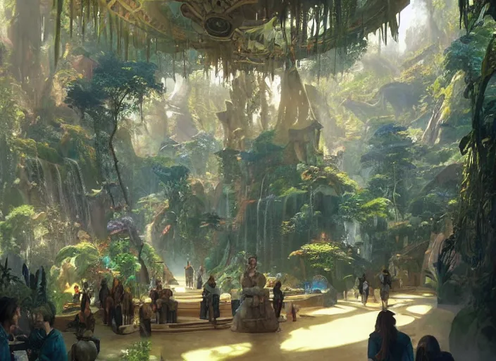 Image similar to avatar themepark interior designed by disney imagineering, rendered by artgerm and greg rutkowski and alphonse mucha