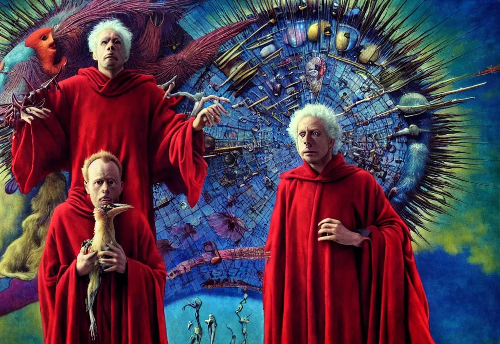 Image similar to realistic detailed portrait movie still of a birdman wearing dark robe, sci fi landscape background by denis villeneuve, amano, yves tanguy, alejandro jodorowsky, alphonse mucha, max ernst, ernst haeckel, roger dean, masterpiece, rich moody colours, snarling dog teeth