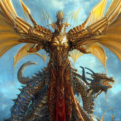 Image similar to a beautiful symmetrical muscular full body wearing a dragon armor with wings made of golden ornaments and gems, by alex gray and android jones , Karol Bak, Ayami Kojima, Amano , concept art, character design, fantasy,3D, 8k resolution