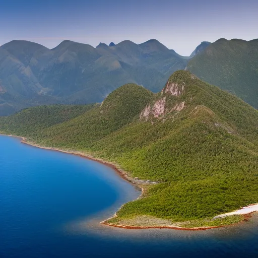 Image similar to a camera capture high resolution photograph of a large flat verdant island with large mountains with red peaks