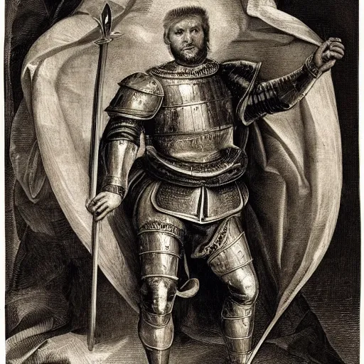 Image similar to donald trump, wearing knight ’ s armor, holding a spectacular broadsword, by annibale carracci, two arms, two legs, symmetrical face, detailed face