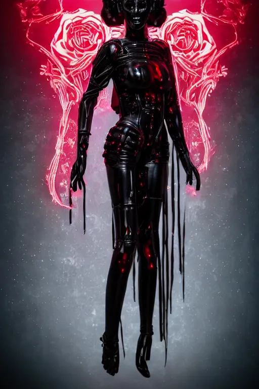 Prompt: full-body cyberpunk style sculpture of a young beautiful dark priestess, half android with a head opening exposing circuitry, glowing red eyes, black roses, flowing blood red colored silk, fabric, candles, baroque elements, human skull. full-length view. baroque element. intricate artwork by Caravaggio. crows flying in background. Trending on artstation, octane render, cinematic lighting from the right, hyper realism, octane render, 8k, depth of field, 3D