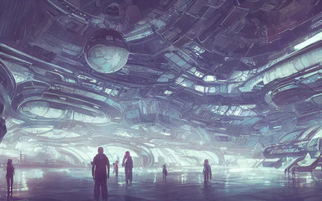 Image similar to A beautiful painting of interior hangar of a futuristic science fiction space station, intricate, highly detailed, digital painting, illustration, artgram, by beeple, studio ghibli, trending on artstation