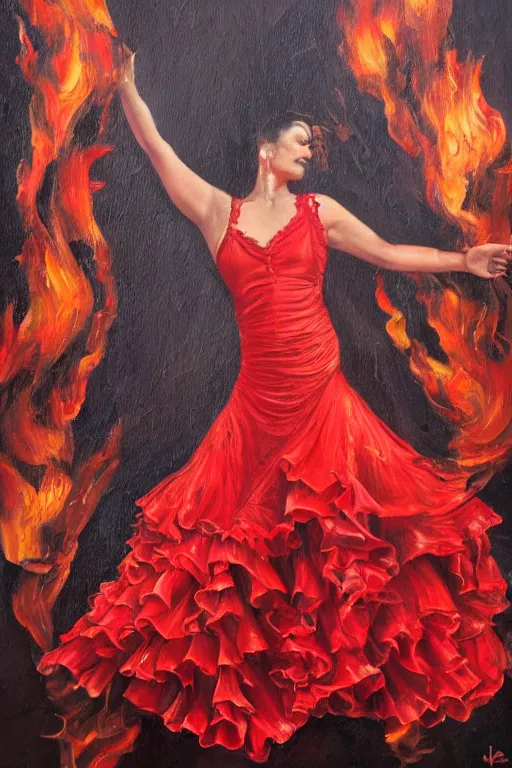 Image similar to detailed oil painting of spanish flamenco dancer wearing a red dress made of flowers, engulfed in flames, she's standing waist deep in water, dimly lit, looking away, dark shadows, ethereal, foggy, moody, surreal, high definition, 4 k, slr