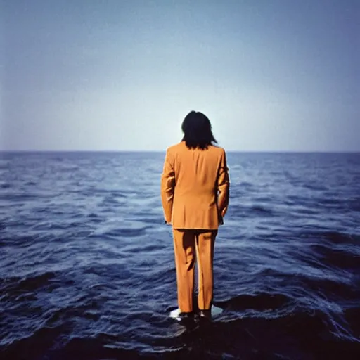 Image similar to japanese man with long hair in a suit standing in the ocean looking at the camera, wide shot, far!!!!!!! away, zoomed out, distance!!!!!!! shot, sunset, album cover, 1980, tatsuro yamashita, ride on time