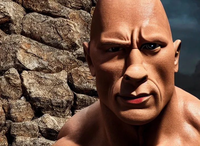 Image similar to film still of dwayne the rock johnson as pinocchio in the new pinocchio movie, 4 k, puppet boy, long nose, wooden, highly detailed face, detailed eyes