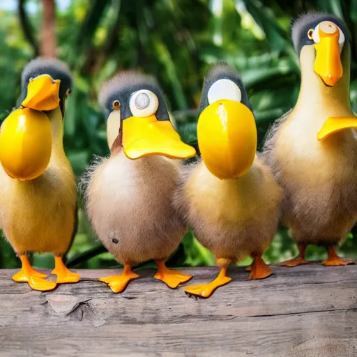 Image similar to professional photograph of banana ducks, peeled bananas with googly eyes and duck beaks