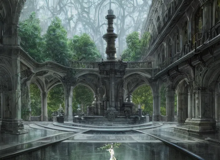 Image similar to A train subway inside a beautiful elven city made of white marble, anime, lush trees, fountain, statue, big clock, trains, a fantasy digital painting by Greg Rutkowski and James Gurney, trending on Artstation, highly detailed