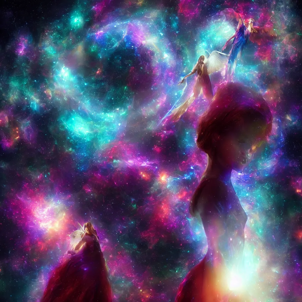 Image similar to angel in a galaxy made of stars, space, nebulas stars Dmt Psychedelic cosmos, cosmic, Hallucination, night sky; 8k, artstation, unreal engine, octane render, hdr, surrealistic, hyperrealism, glow, photorealistic, volumetric lighting, Dreamy, dynamic, mystical