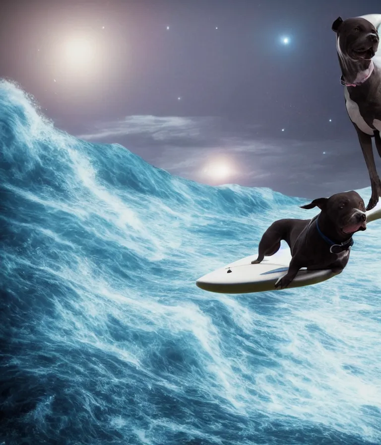 Image similar to photo of a dark gray coat pit bull with a white paws and a white nose!, surfing on a surfboard in a crashing wave of alien ocean in space, background is an alien galaxy, aliens in the background, alien colors, octane render, unreal engine, wide view, 8 k, highly detailed