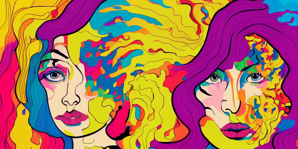 Prompt: a digital painting of a woman with colorful hair, a pop art painting by tomokazu matsuyama, behance contest winner, psychedelic art, psychedelic, 2 d, digital illustration