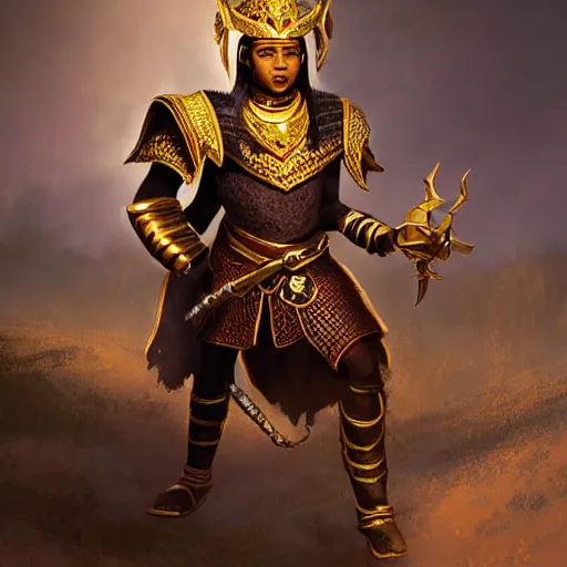 Image similar to a young black boy dressed like an african moorish warrior in gold armor and a crown with a ruby, charging through a dragons lair, skyrim character digital illustration portrait design, by adi granov, dramatic lighting, wide angle dynamic action shot