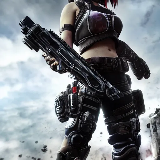 Prompt: anime girl in Gears of War, highly detailed, high quality, HD, 4k, 8k, Canon 300mm, professional photographer, 40mp, lifelike, top-rated, award winning, realistic, sharp, no blur, edited, corrected, trending