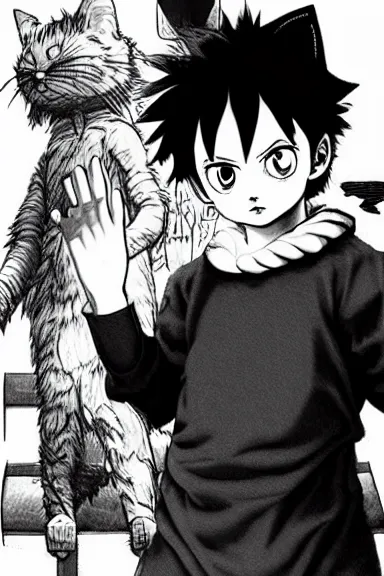 Image similar to attractive salvage little boy in cat suit, black and white artwork made by kentaro miura and yoshihiro togashi and ilya kuvshinov