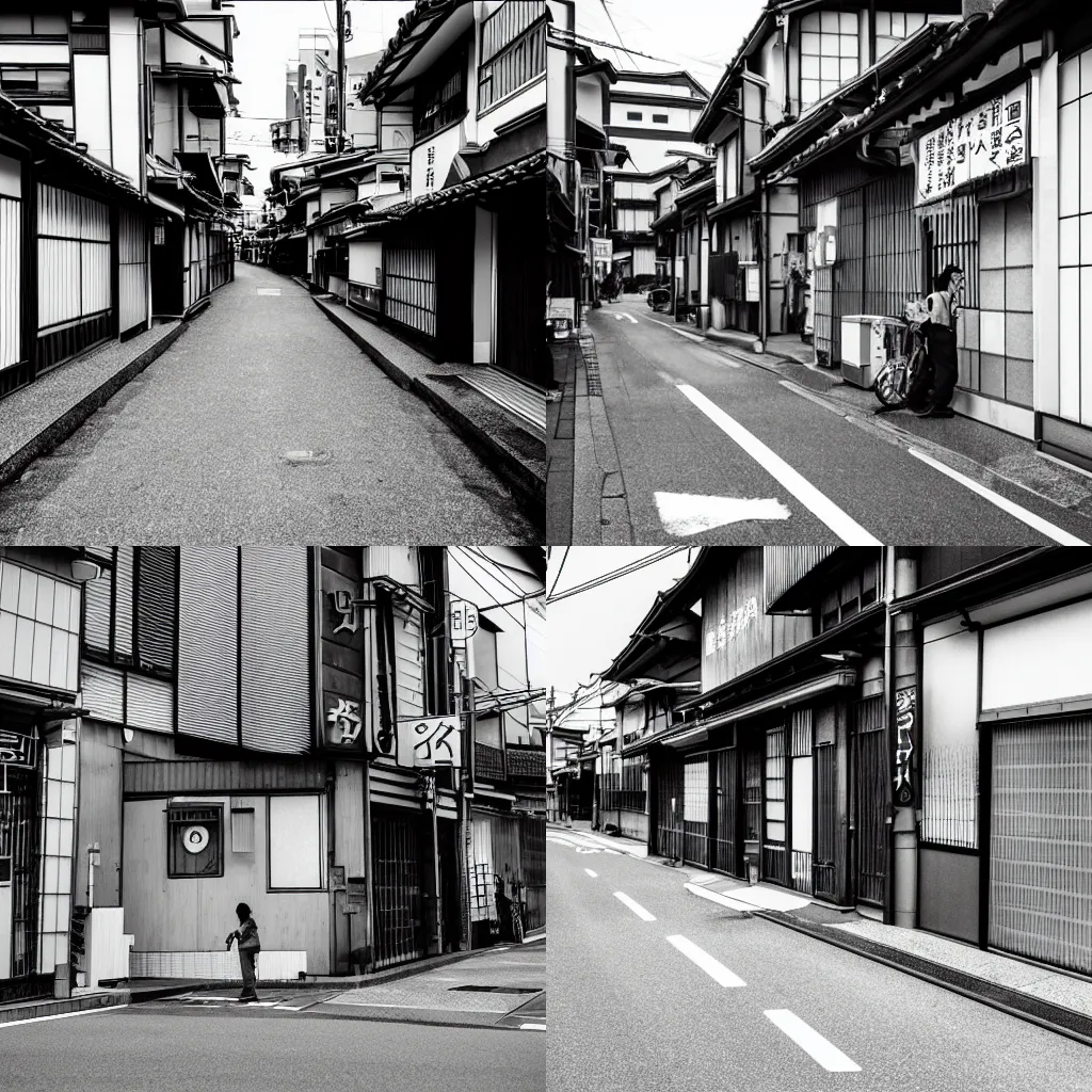 Prompt: Doraemonドラえもん on a a street in a working-class district in Japan, b&w photo