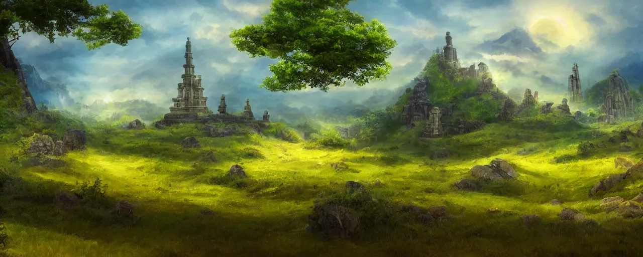 Prompt: Fantasy landscape, rolling hills, trees and ancient temple