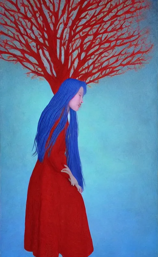 Image similar to girl with blue hair as a shaun tan painting the red tree illustration detailed painting