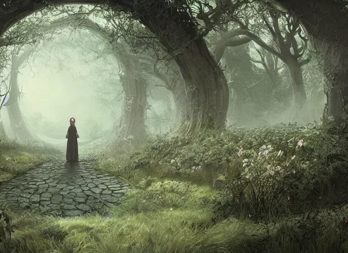 Prompt: secret garden, in the style of pan's labyrinth movie, pathway, girl, spooky, very dark, concept art, unreal engine 5, matte painting, artstation, caspar friedrich