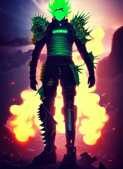 Image similar to a striking cinematic full body manga portrait of a male warrior with long blonde hair and blue eyes wearing evil green spiked cyberpunk armour and standing in the desolate burning ruins of a futuristic city by hirohiko araki and beeple, fine details, digital art, character concept art, volumetric lighting, cinematic light, photorealistic