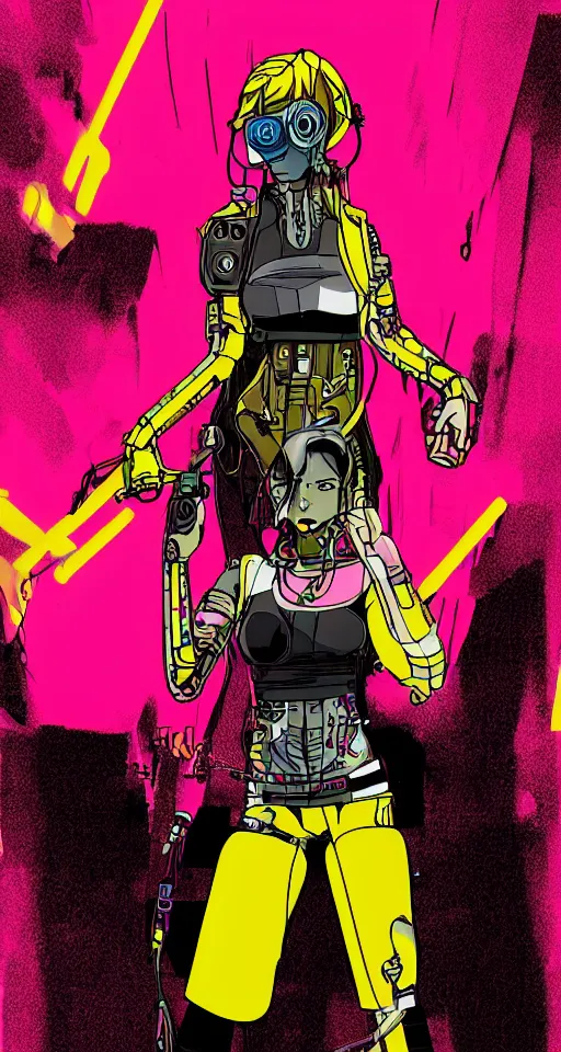 Image similar to portrait of a female cyborg cyberpunk gutterpunk, yellow and pink, in the style of manga