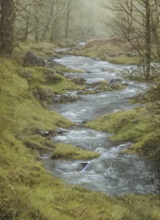 Image similar to there is a place in wales, tucked out of view magic happens, only seen by a few. for just one day, for only just one hour. the last summer ’ s day break at gelli aur. there you must follow a winding trout stream. search all the oaks with a tiny light beam, inspired be greg rutkowski