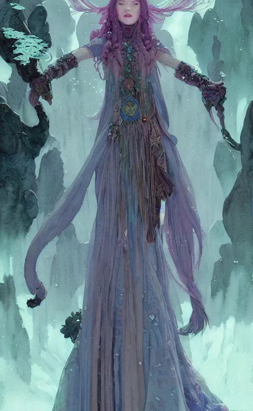 Image similar to elf ice witch princess dress. intricate, amazing composition, colorful watercolor, by ruan jia, by maxfield parrish, by marc simonetti, by hikari shimoda, by robert hubert, by zhang kechun, illustration, gloomy, volumetric lighting, fantasy