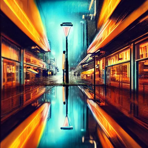 Image similar to Bustling photorealistic!!! rainy (((neon))) street in a utopian city illustrated and reimagined by Max Hay, inverted fisheye lens!!!, eyelevel!!! view!!! photography, trending on artstation, 4k, 8k, lens distortion, chromatic aberration, soft focus blur, photorealistic imagery, photorealistic details, intricate, highly detailed, artstation 3d, artstation render, artstation 3d render, 3d art, unreal engine 3d, octane 3d, blender 3d, 3d landscape