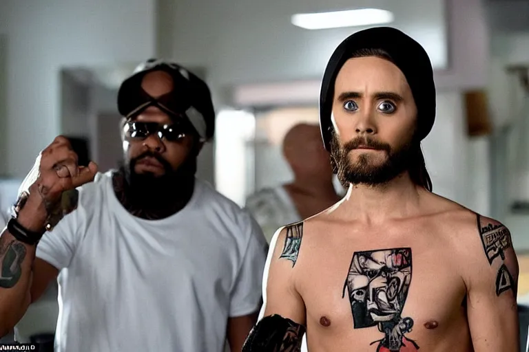 Image similar to medium full shot of jared leto as an exaggerated caricature of a white gang member wearing a black durag and a white tank top in the new movie directed by ice cube, movie still frame, arms covered in gang tattoo, promotional image, critically condemned, top 1 5 worst movie ever imdb list, public condemned, relentlessly detailed