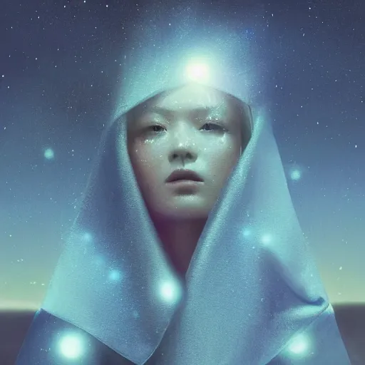 Prompt: sci - fi, close - up, 3 d, moon rays, night, sleepy fashion model face, cinematic, clouds, sun rays, vogue cover style, poster art, blue mood, realistic painting, intricate oil painting, high detail illustration, figurative art, multiple exposure, stars, 3 d, by tooth wu and wlop and beeple and greg rutkowski