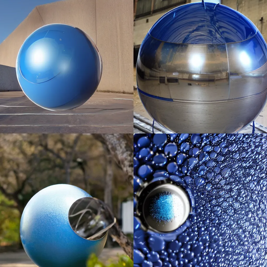 Prompt: a reflective steel sphere splashes into a can of special blue paint