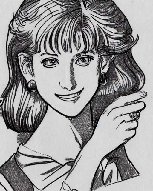 Image similar to inked sketch of princess diana, drawn by naoko takeuchi, 8 0 s shoujo manga,