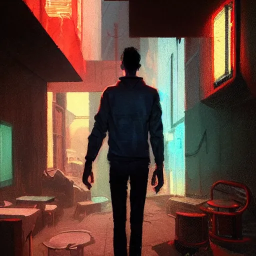 Image similar to concept art by greg rutkowski, a very tall and slender young man walking through the interior of a brutalist looking neighborhood full of holograms and shops while he smokes a cigarette, ambient lighting in neon tones, scifi, highly detailed portrait, digital painting, artstation, concept art, smooth, sharp foccus ilustration, artstation hq