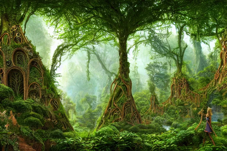 Image similar to a beautiful and highly detailed digital painting of an elven structure in a lush detailed forest in a beautiful valley, psychedelic trees and plants and flowers, celtic, intricate details, epic scale, 8 k, sharp focus, photorealism, artstation, cgsociety, by caspar friedrich, albert bierstadt, james gurney, brian froud,