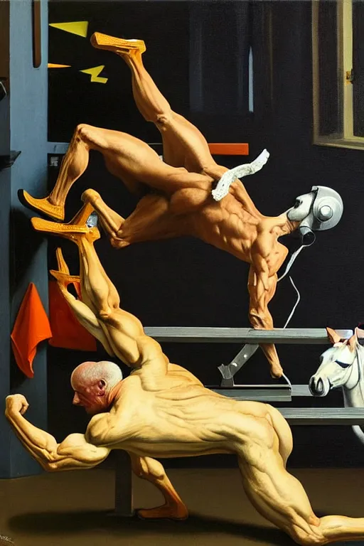 Image similar to , astronaut bodybuilder doing bench press with a horse instead of a dumbbell astronaut bodybuilder doing bench press with horse instead of dumbbell, hauntingly surreal, highly detailed painting by francis bacon, edward hopper, adrian ghenie, gerhard richter, and james jean soft light 4 k,