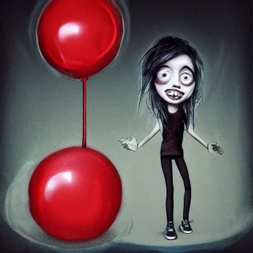 Image similar to surrealism grunge cartoon sketch of billie eilish with a wide smile and a red balloon by - michael karcz, loony toons style, horror theme, detailed, elegant, intricate