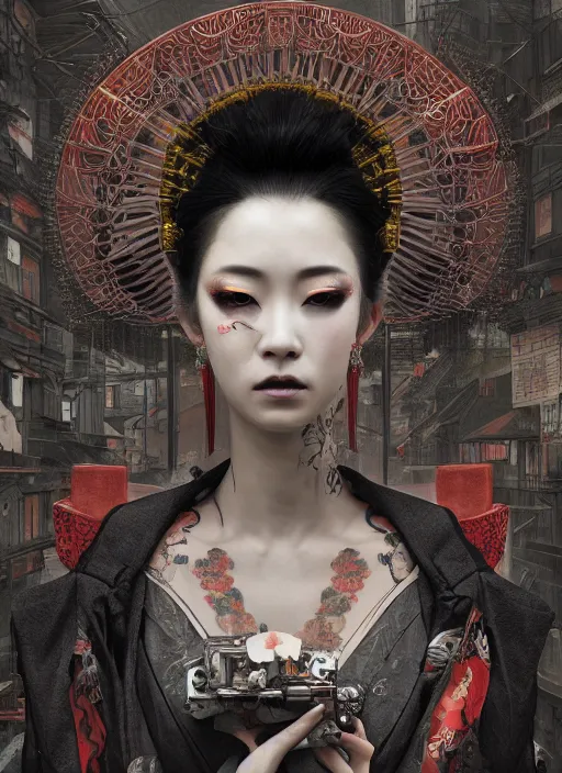 Image similar to portrait of a seductive cyberpunk geisha, yakuza, modern fine art, fractal, in the style of ghosts in the machine, intricate ornaments, elegant, highly detailed, digital photography, subsurface scattering, by mc escher and greg rutkowski,
