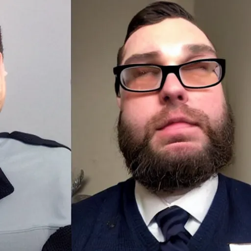 Prompt: clean - shaven chubby chubby chubby 3 2 year old caucasian man from uk. he is wearing navy police sweater and necktie and black boots and police helmet. he is making a youtube apology video