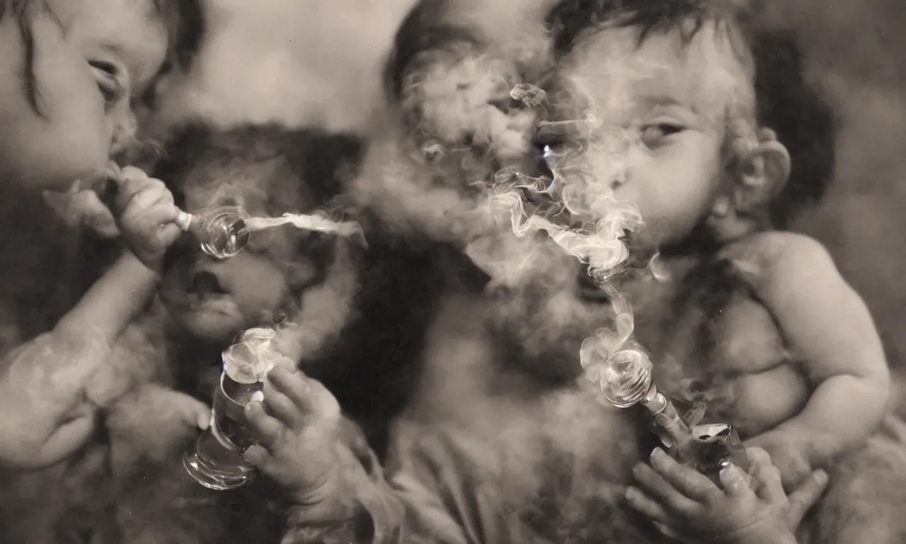 Image similar to a photo of a baby smoking a bong