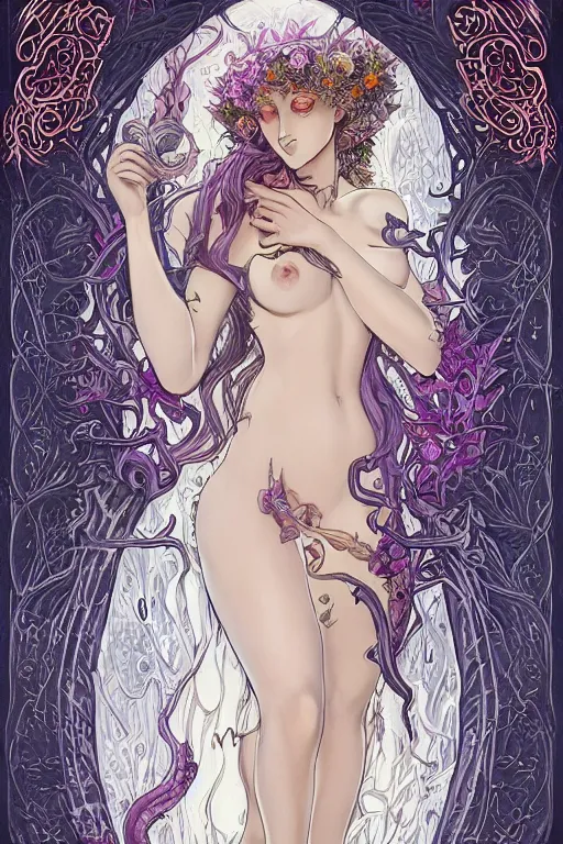 Image similar to Art Nouveau Lilith, Queen of the moon and serpents, Lush Garden Leaves and Flowers, Sensual glowing white Angelic occult esoteric woman in a manga cover style, full body image centered in frame, headshot, D&D, fantasy, highly detailed, digital painting, artstation, concept art, sharp focus, illustration, art by artgerm and greg rutkowski and alphonse mucha