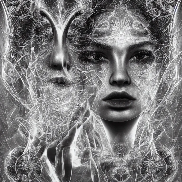 Image similar to An epic photo illustration of female symmetrical portrait by Michael Sydney Moore, Alex Grey, Irakli Nadar, hyper detailed, one face in center, multicolored, 50mm, award winning photography