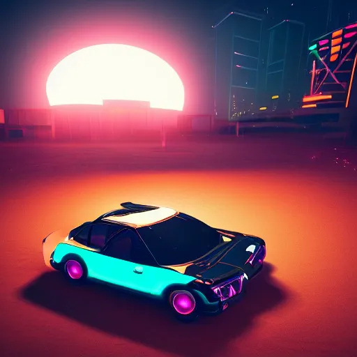 Image similar to cyberpunk neon car glowing against a desert background, nighttime photography, ray tracing, rtx, 4 k