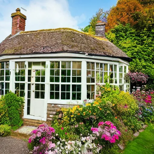 Prompt: a quaint glass cottage with walls and roof made of glass, surrounded by a beautiful English garden, set in the English countryside, landscape architecture photo