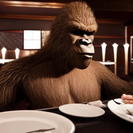 Prompt: photo of bigfoot spotted having dinner in a restaurant