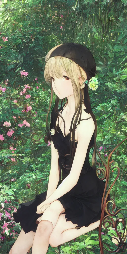 Prompt: a loli with long hair in a black dress sitting on a metal garden chair in the privet garden at afternoon, green and warm theme, back lighting, highly detailed, by krenz cushart and mucha and akihito yoshida and greg rutkowski and makoto shinkai, detailed eyes, 4 k resolution, trending on art station