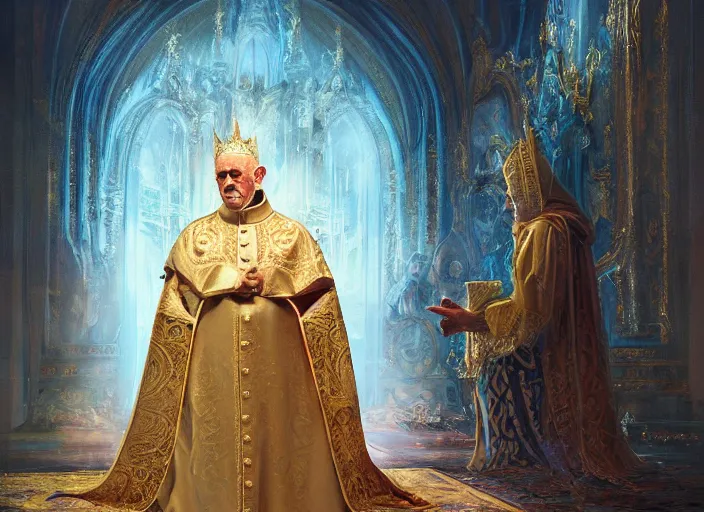 Image similar to kneeling before the pope, royal robe, gold trim, light effect, hyper detailed, intricate, atmospheric, elegant, photorealistic by paul lehr, marco mazzoni, featured on cgsociety, rococo, whimsical, artstation