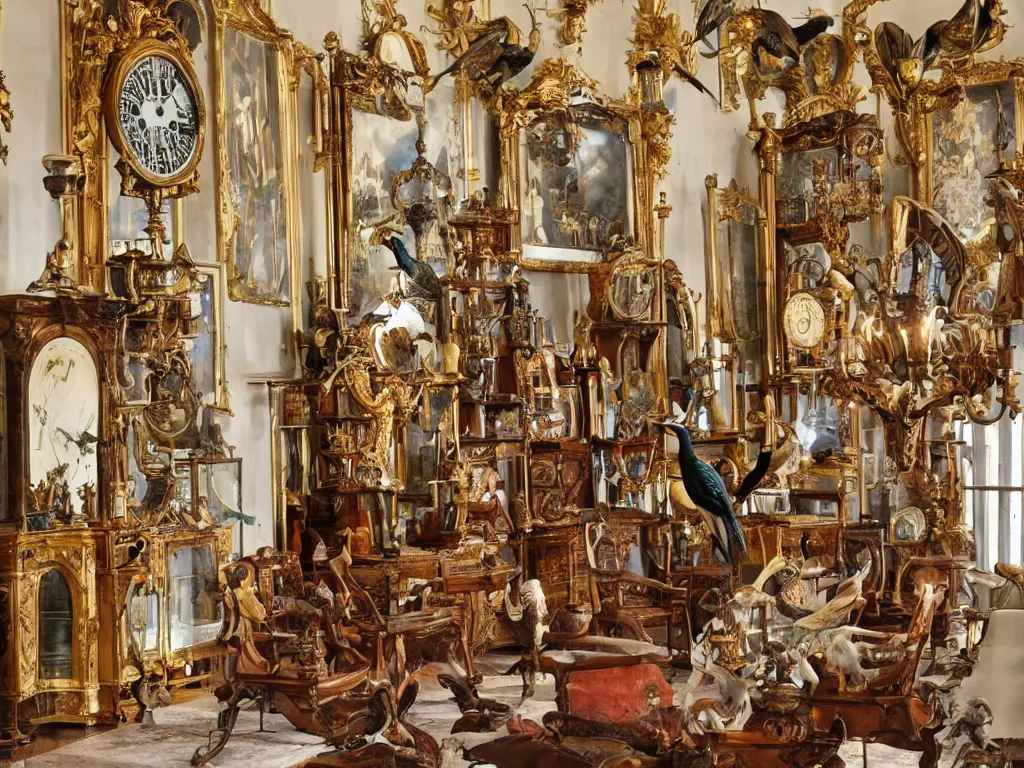 Prompt: antique clocks and giant exotic birds in a baroque salon of the imagination